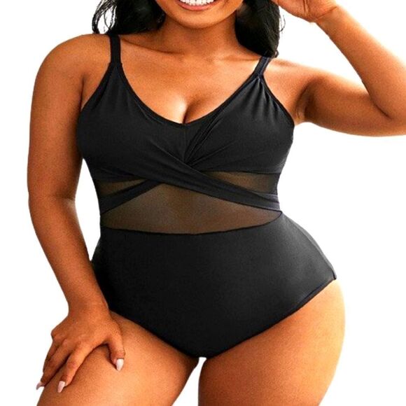 Plus Size Contrast Mesh Criss Cross One Piece sz 2X - Picture 1 of 5